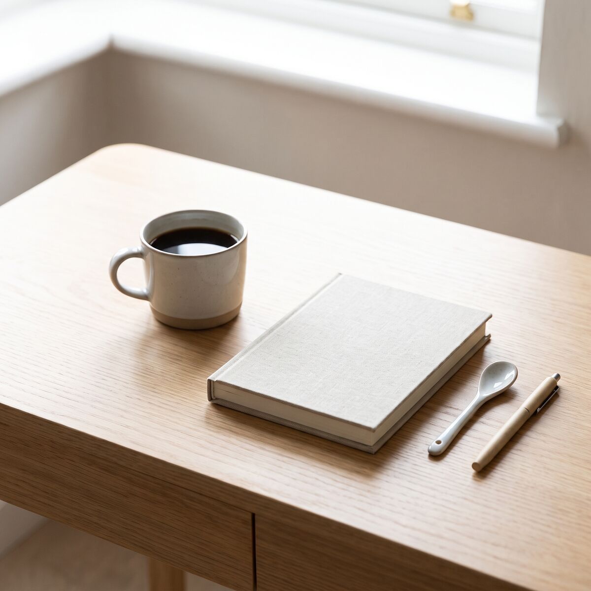 Notebook and coffee on a desk