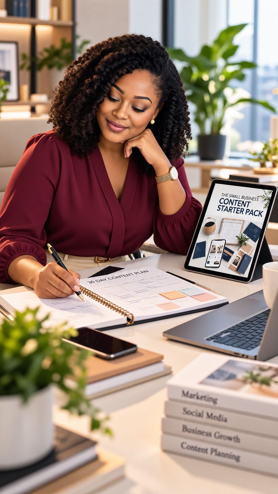 Small business owner planning a month of content with the Starter Pack